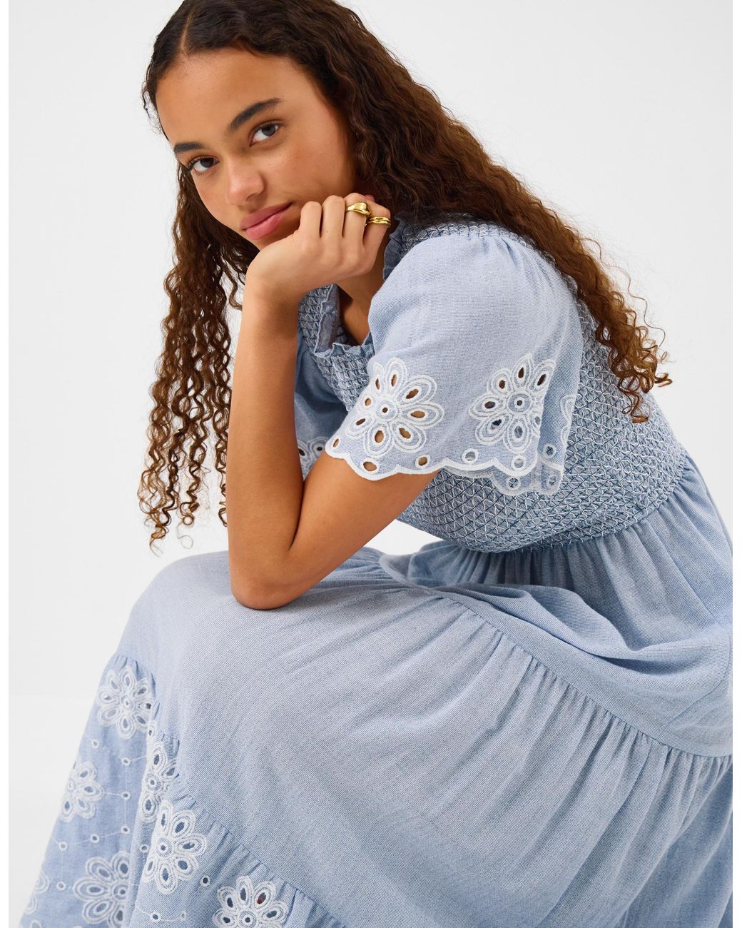 Accessorize Blue Cotton Floral Smocked Cutwork Midi Dress