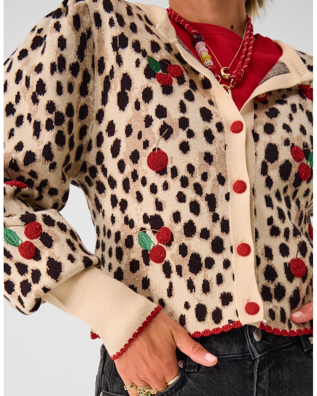 Accessorize Metallic X Good Manners Cherry Leopard Print Cardigan