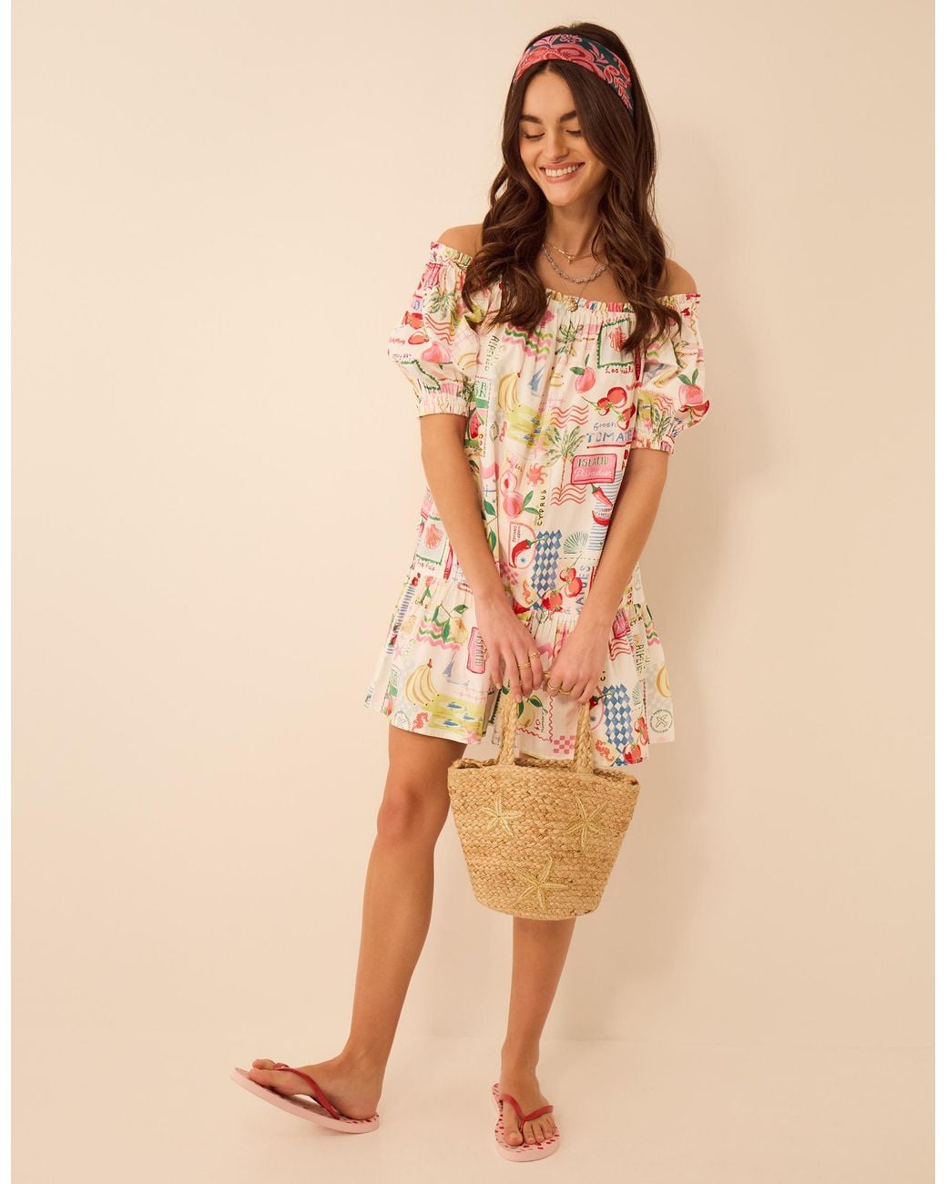 Accessorize Natural Postcard Print Puff Sleeve Mini Dress Multi