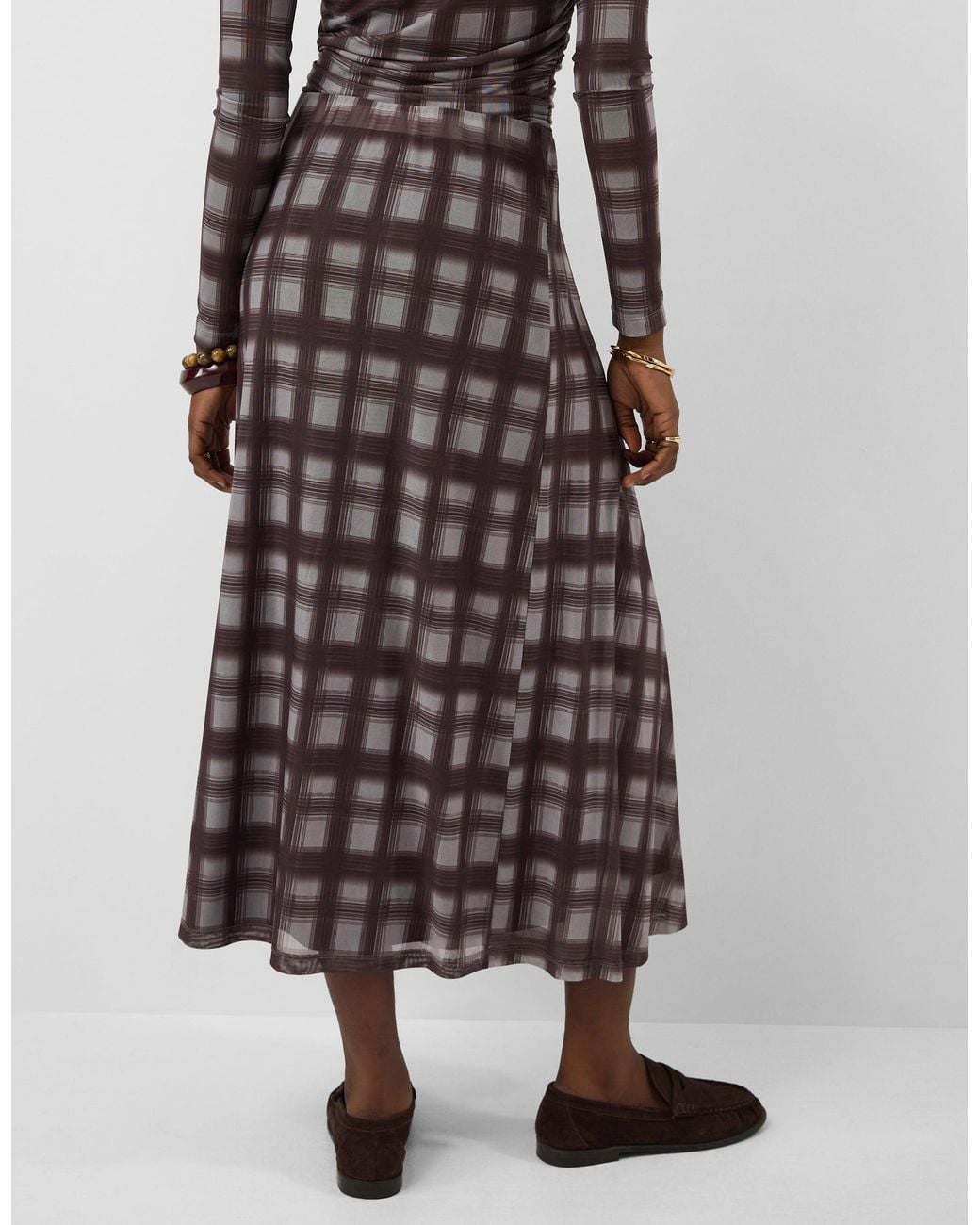 Accessorize Brown Check Print Mesh Midi Skirt