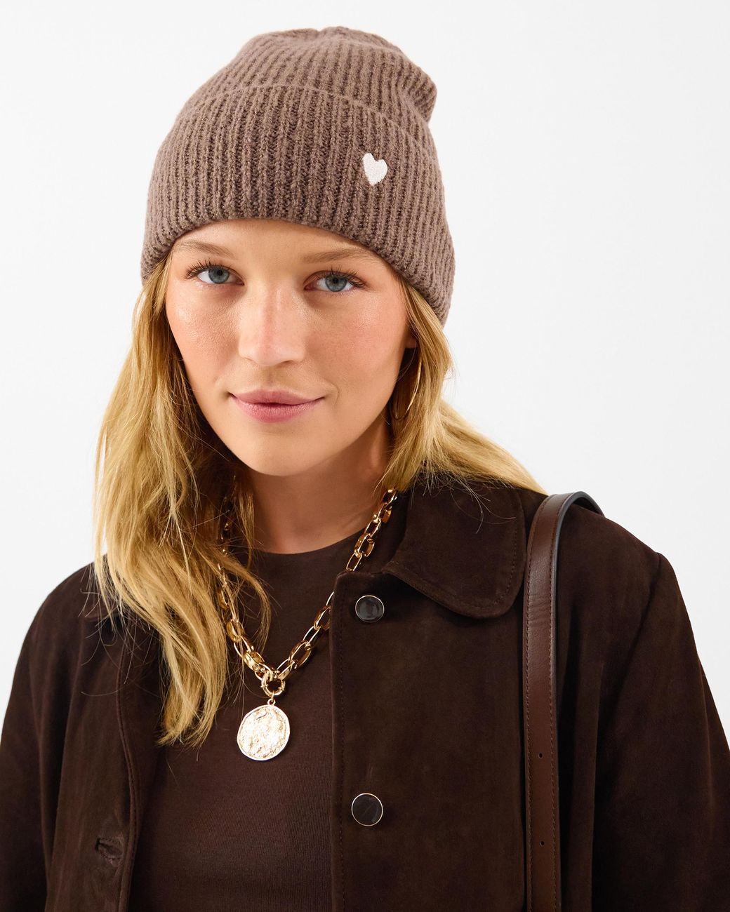 Accessorize Brown Heart Embroidered Beanie Hat