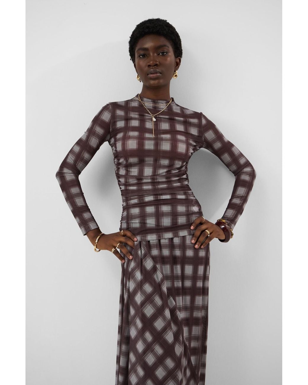 Accessorize Multicolor Check Print Mesh Long Sleeve Top