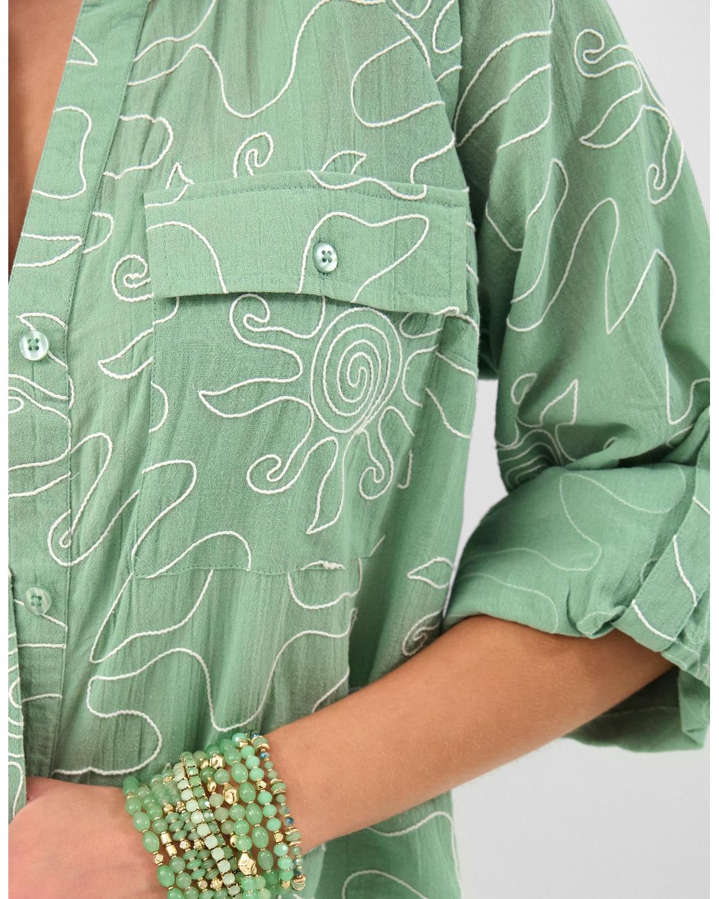 Accessorize Green Cotton Sun Embroidered Beach Cover Up Shirt