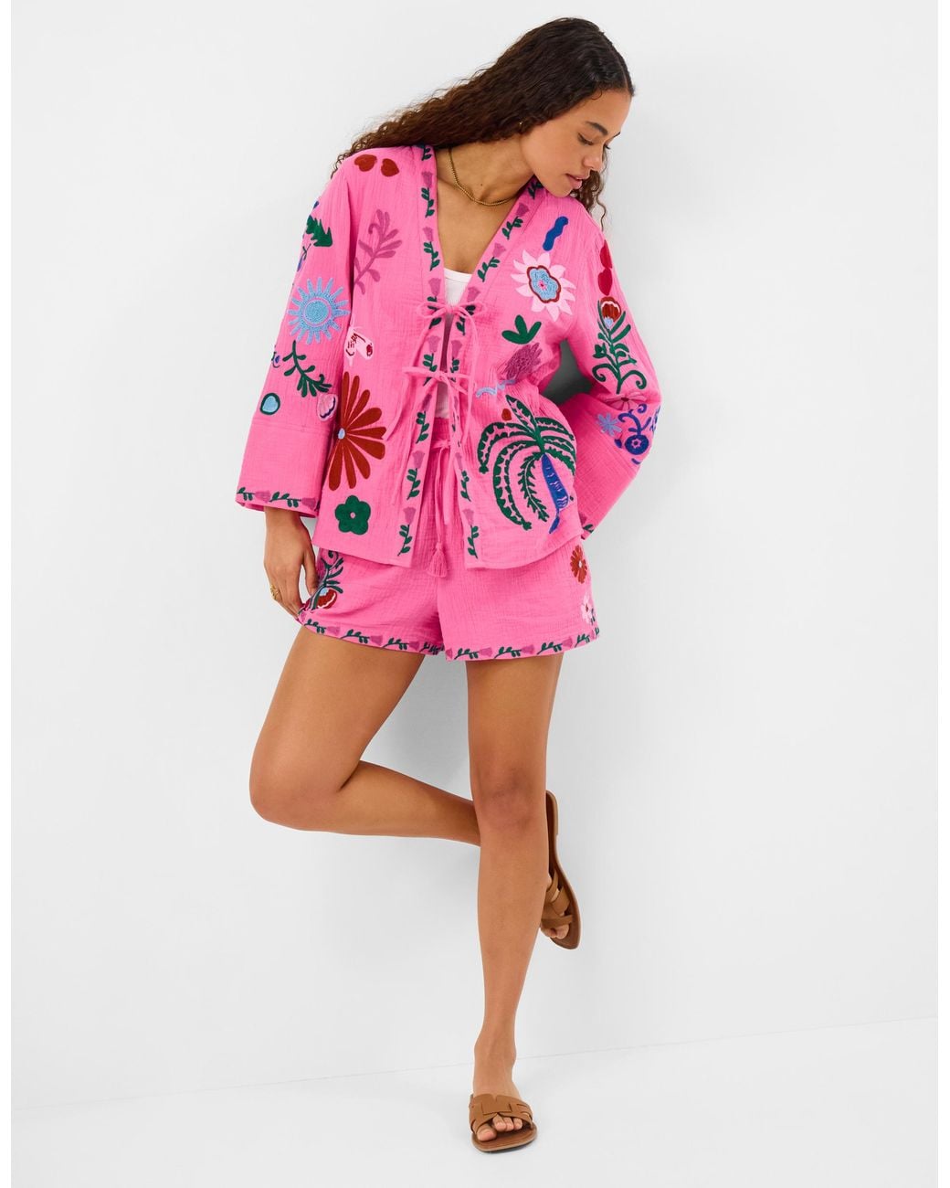 Accessorize Pink Cotton Tropical Embroidered Tie Front Shirt