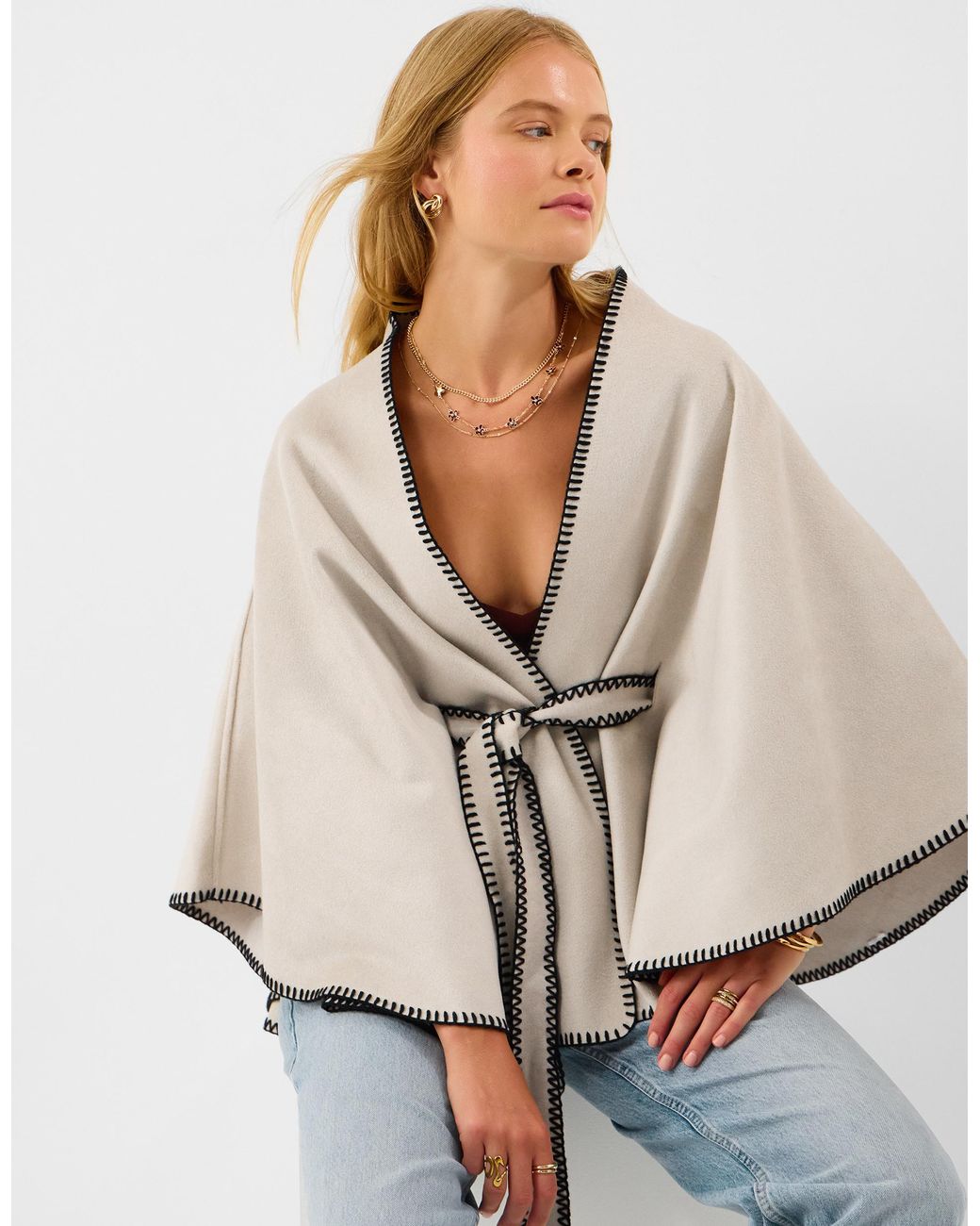 Accessorize Blue Contrast Trim Belted Poncho