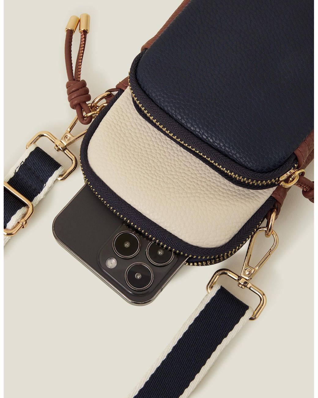 Accessorize Blue Cream Leather Webbing Strap Zip Phone Bag