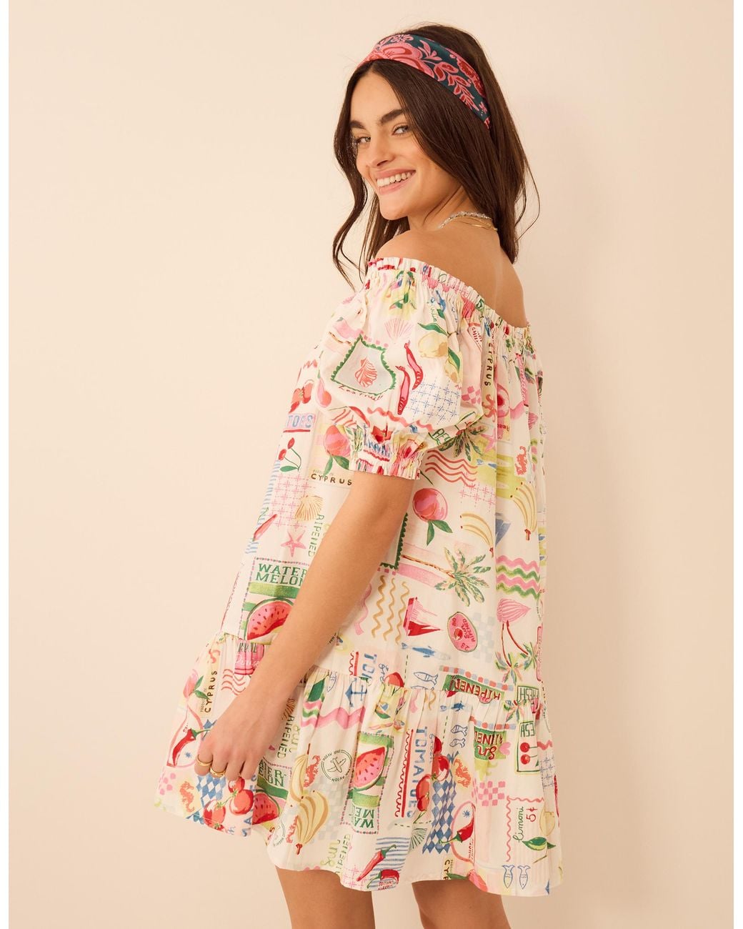 Accessorize Natural Postcard Print Puff Sleeve Mini Dress Multi