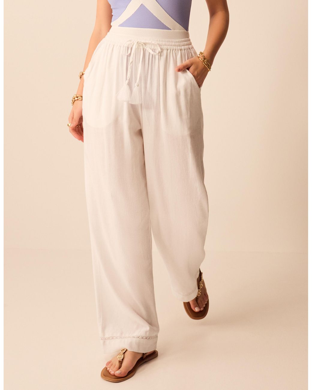 Accessorize White Lace Trim Wide Leg Beach Trousers
