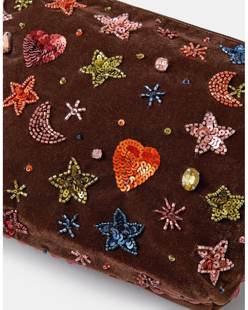 Accessorize Red Large Celestial Embellished Velvet Pouch
