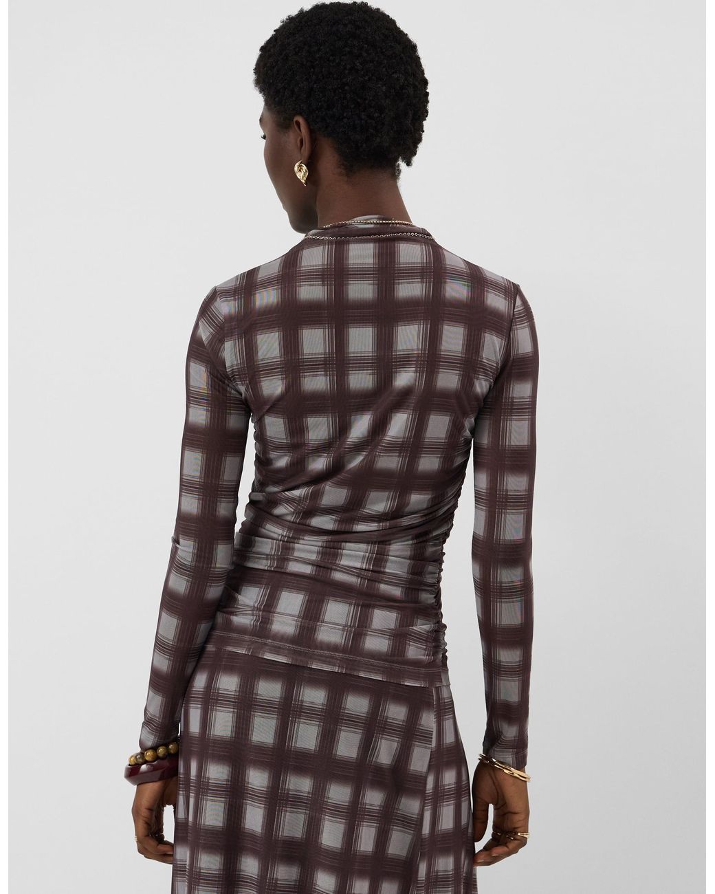 Accessorize Multicolor Check Print Mesh Long Sleeve Top