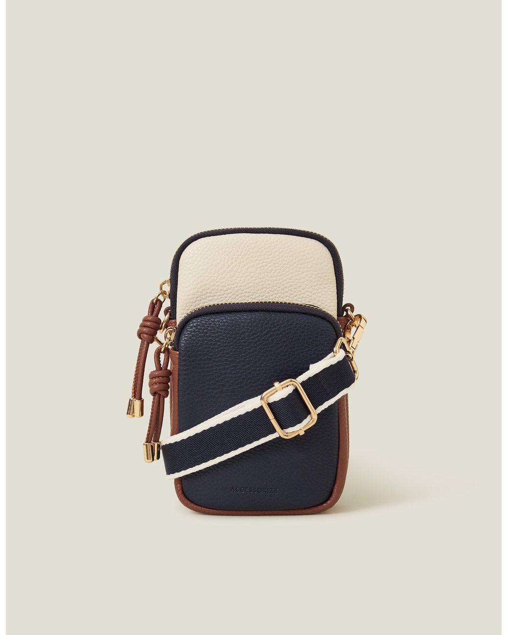 Accessorize Blue Cream Leather Webbing Strap Zip Phone Bag