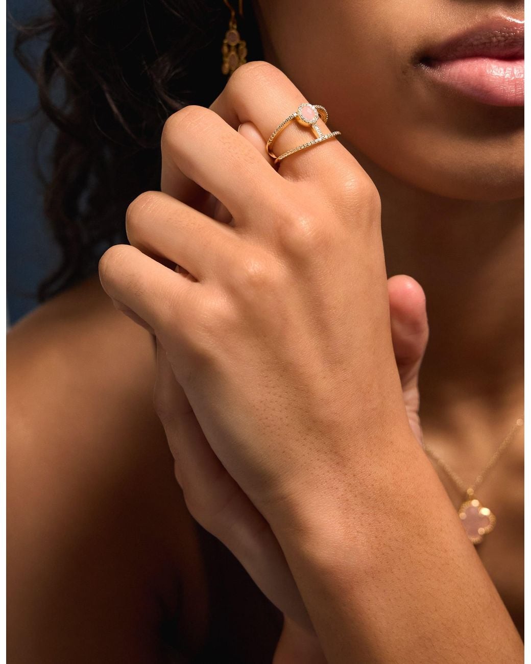 Accessorize Brown 14Ct-Plated Rose Quartz Double Band Ring