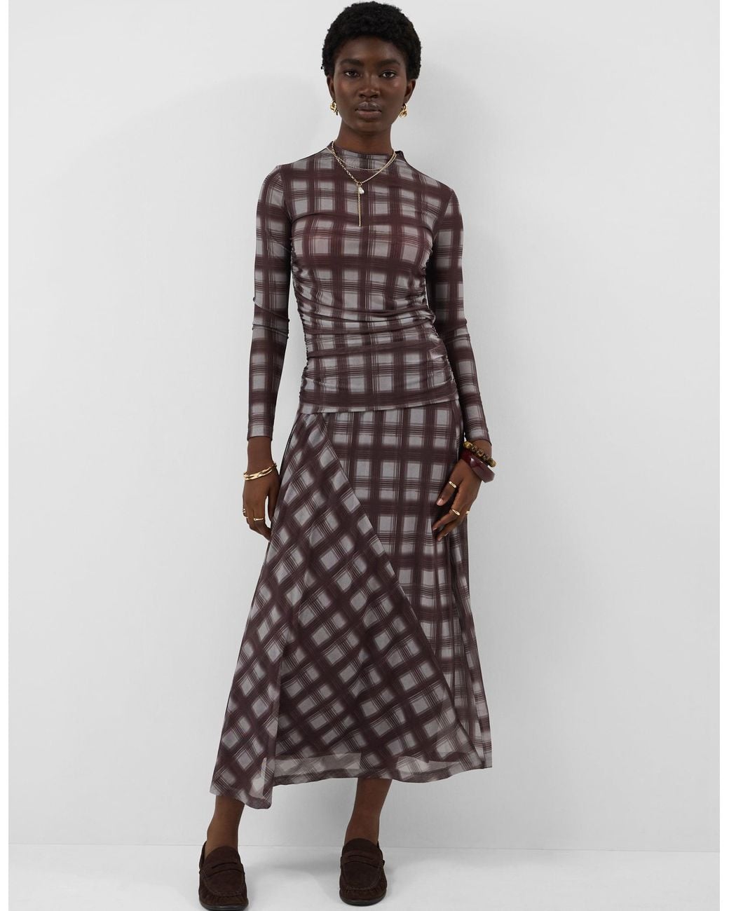 Accessorize Multicolor Check Print Mesh Long Sleeve Top