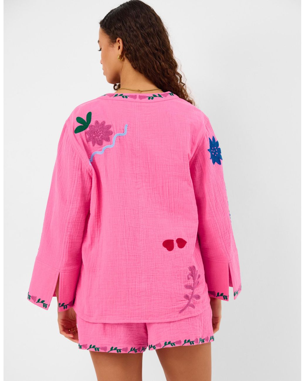 Accessorize Pink Cotton Tropical Embroidered Tie Front Shirt
