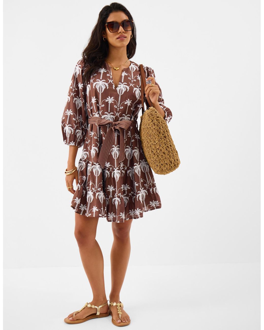 Accessorize Brown Palm Embroidered Mini Dress