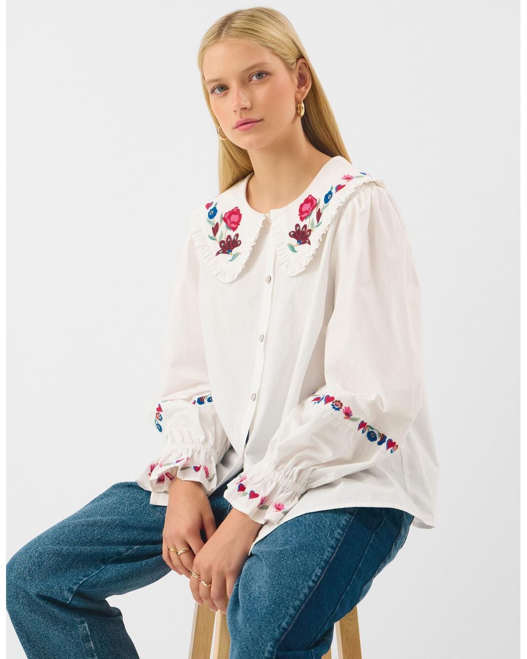 Accessorize Natural Cotton Floral Embroidered Collar Blouse Top