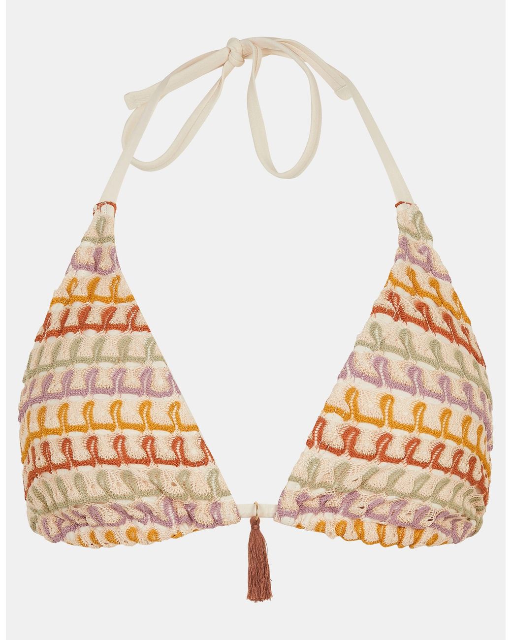 Accessorize Brown Crochet Tassel Triangle Bikini Top