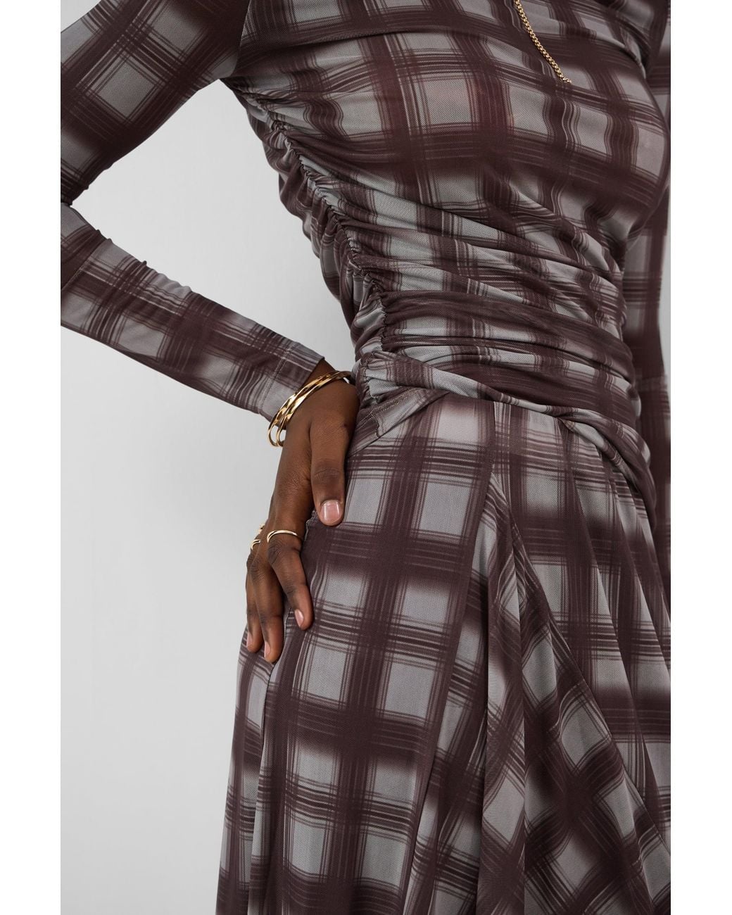 Accessorize Brown Check Print Mesh Midi Skirt