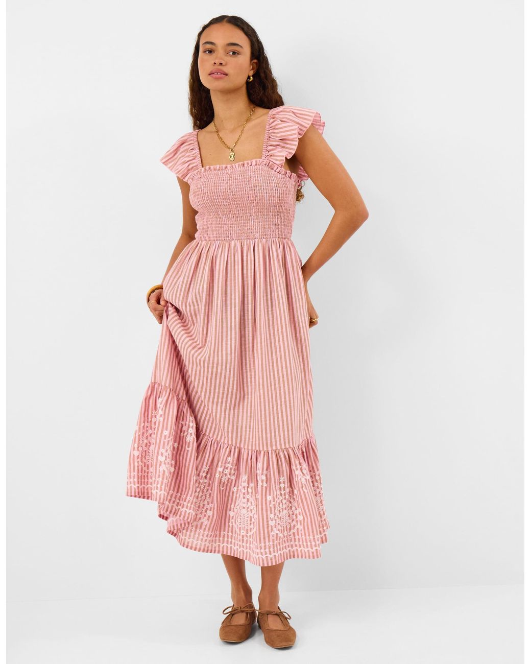 Accessorize Pink Cotton Embroidered Stripe Midi Dress