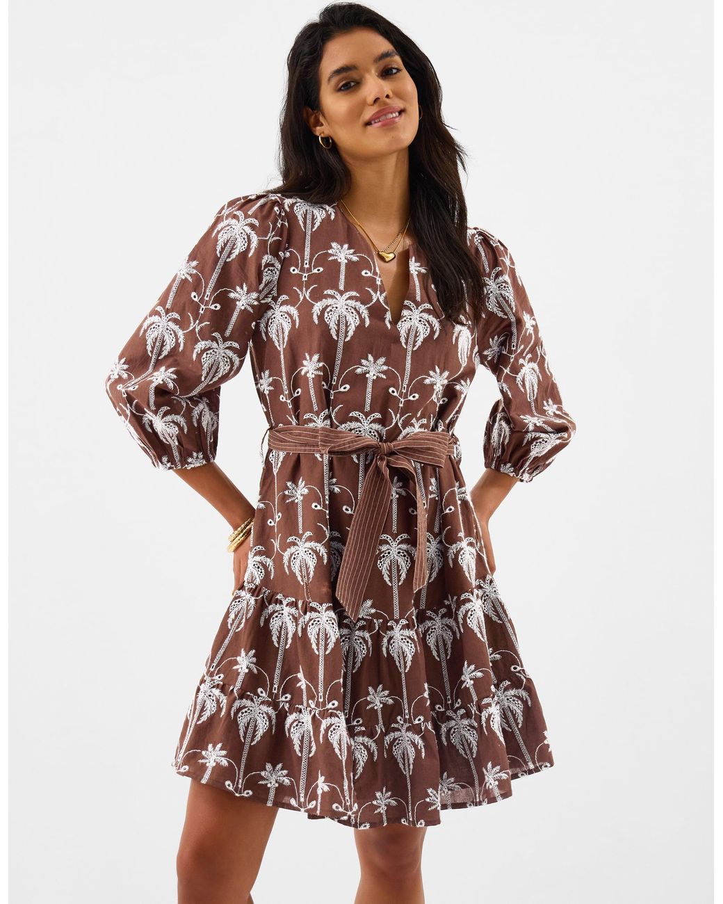 Accessorize Brown Palm Embroidered Mini Dress