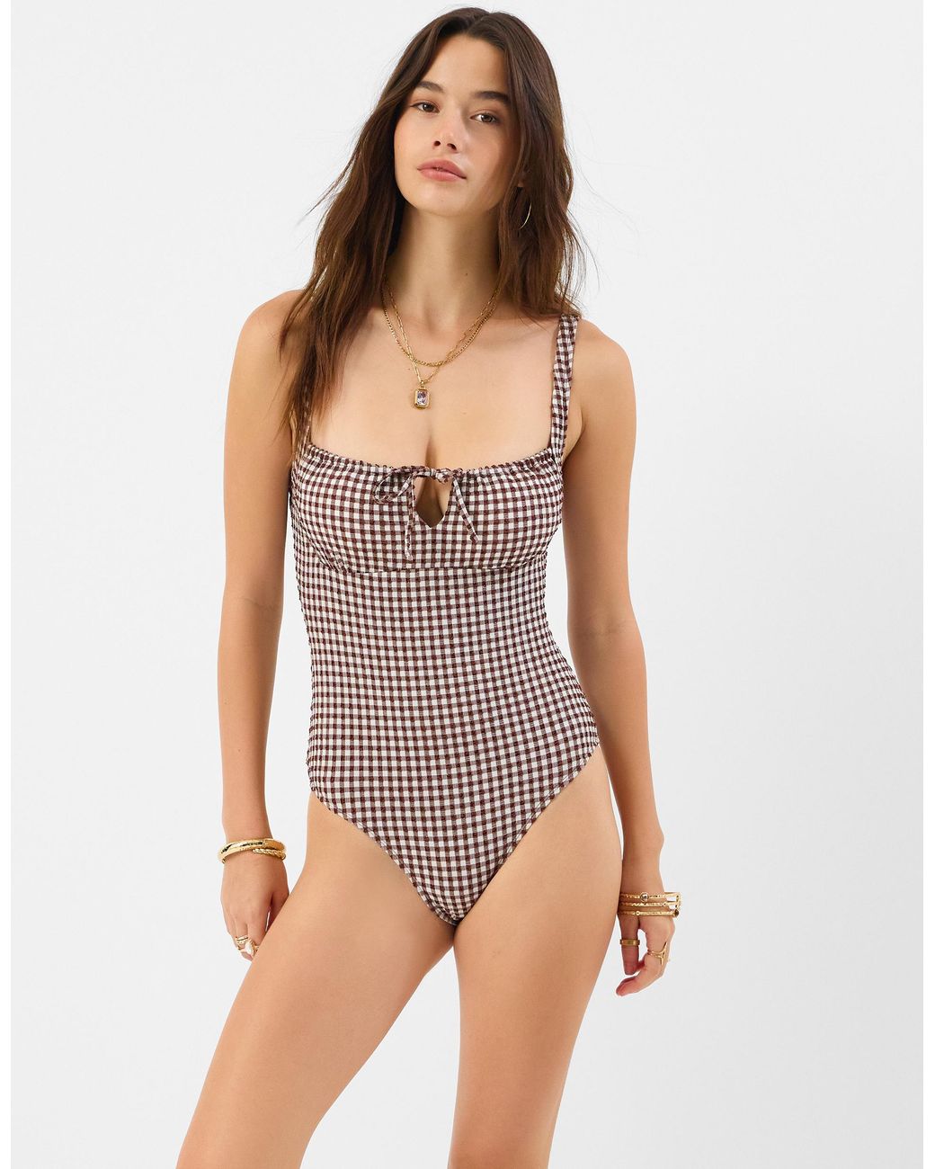 Accessorize Brown Gingham Print Seersucker Swimsuit