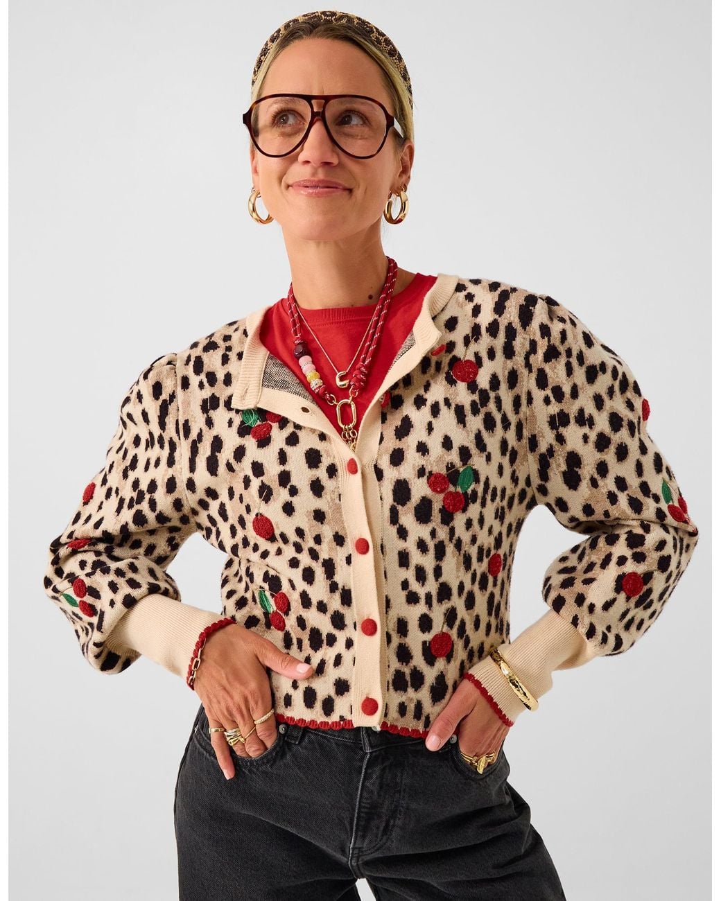 Accessorize Metallic X Good Manners Cherry Leopard Print Cardigan