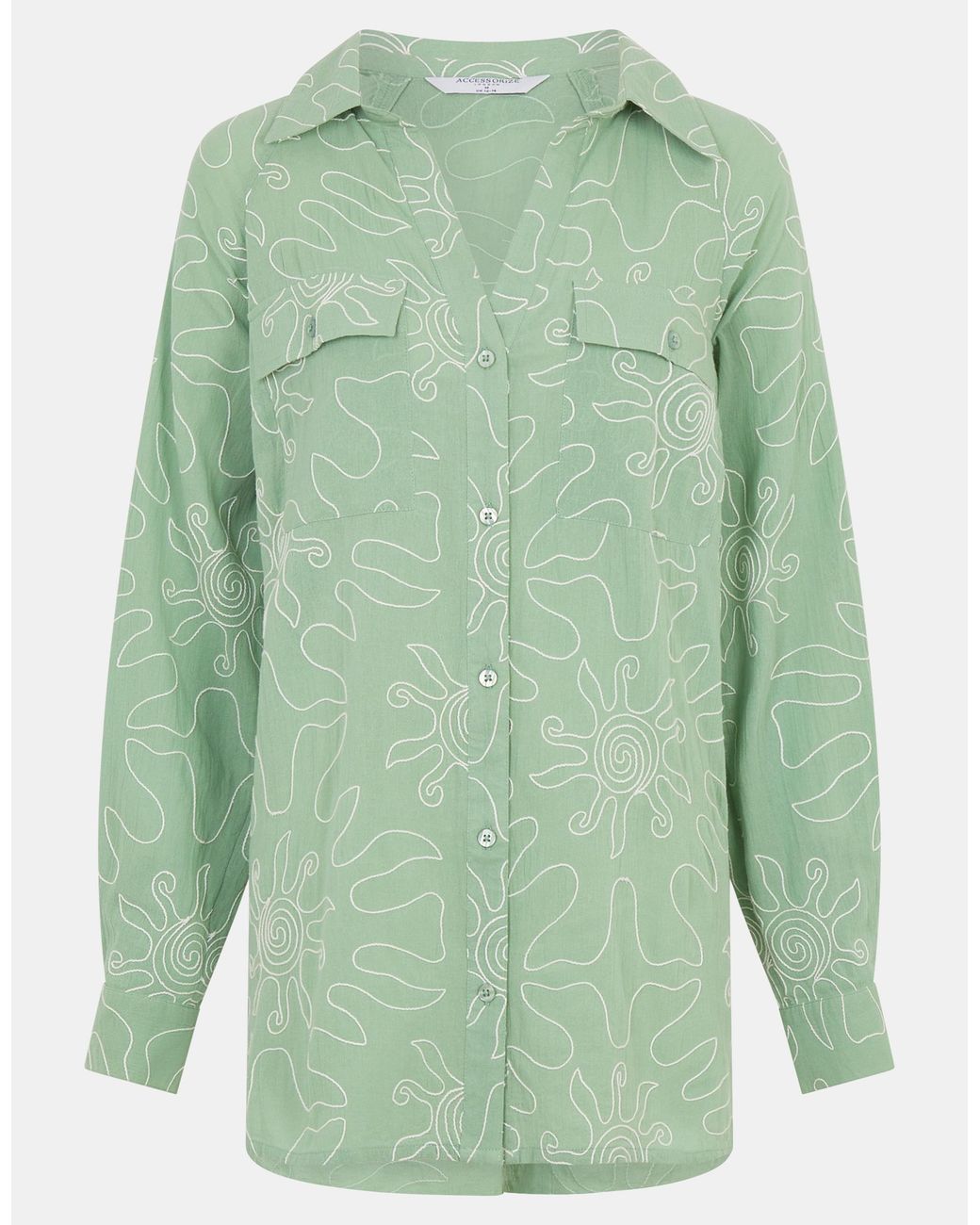 Accessorize Green Cotton Sun Embroidered Beach Cover Up Shirt