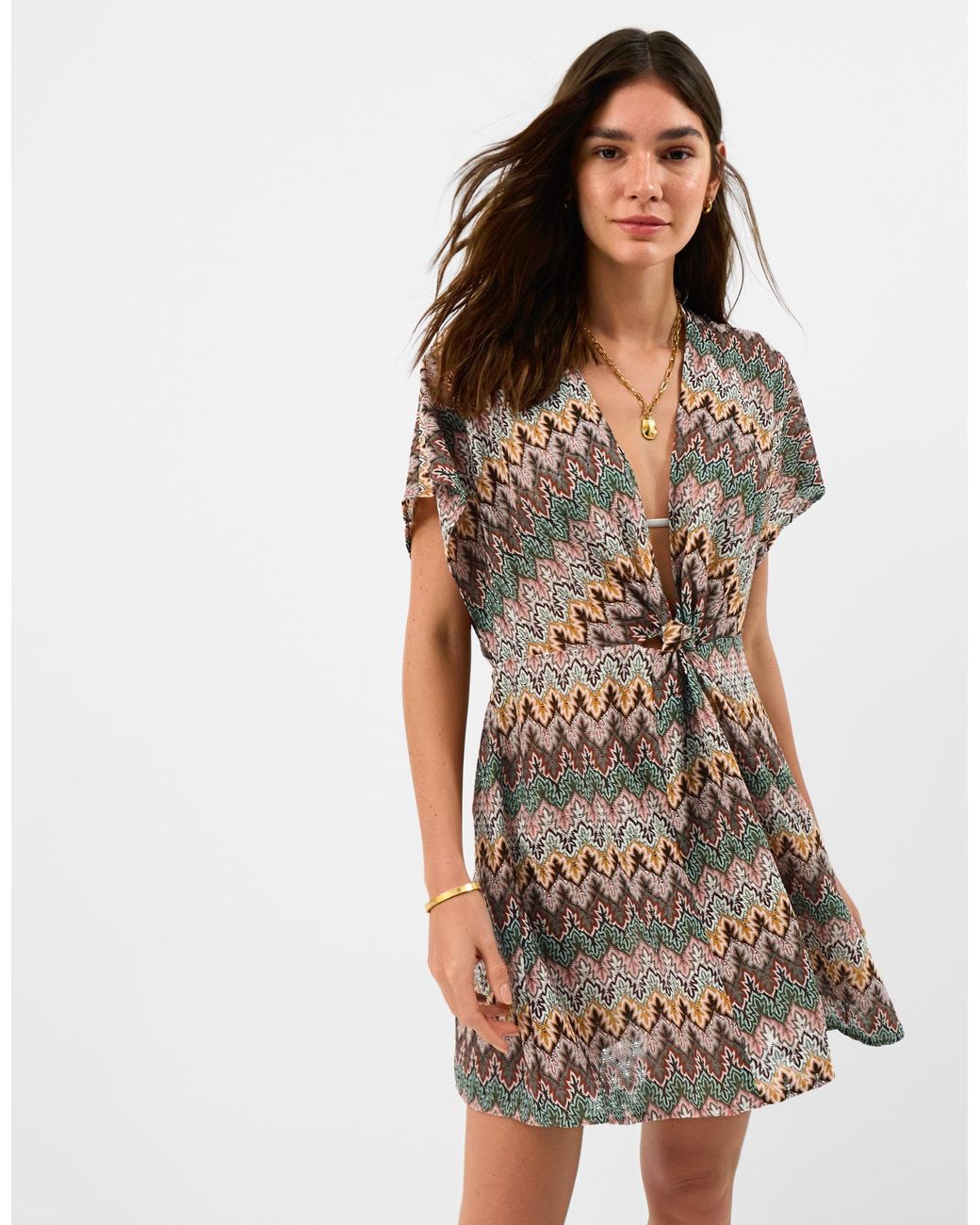 Accessorize Brown Mini Short Sleeve V-Neck Beach Kaftan Crochet Natural