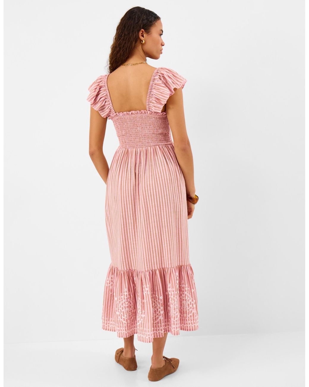 Accessorize Pink Cotton Embroidered Stripe Midi Dress