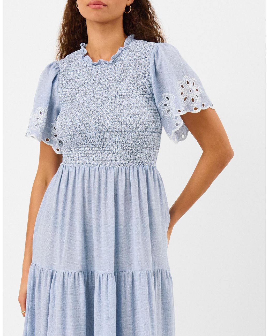 Accessorize Blue Cotton Floral Smocked Cutwork Midi Dress