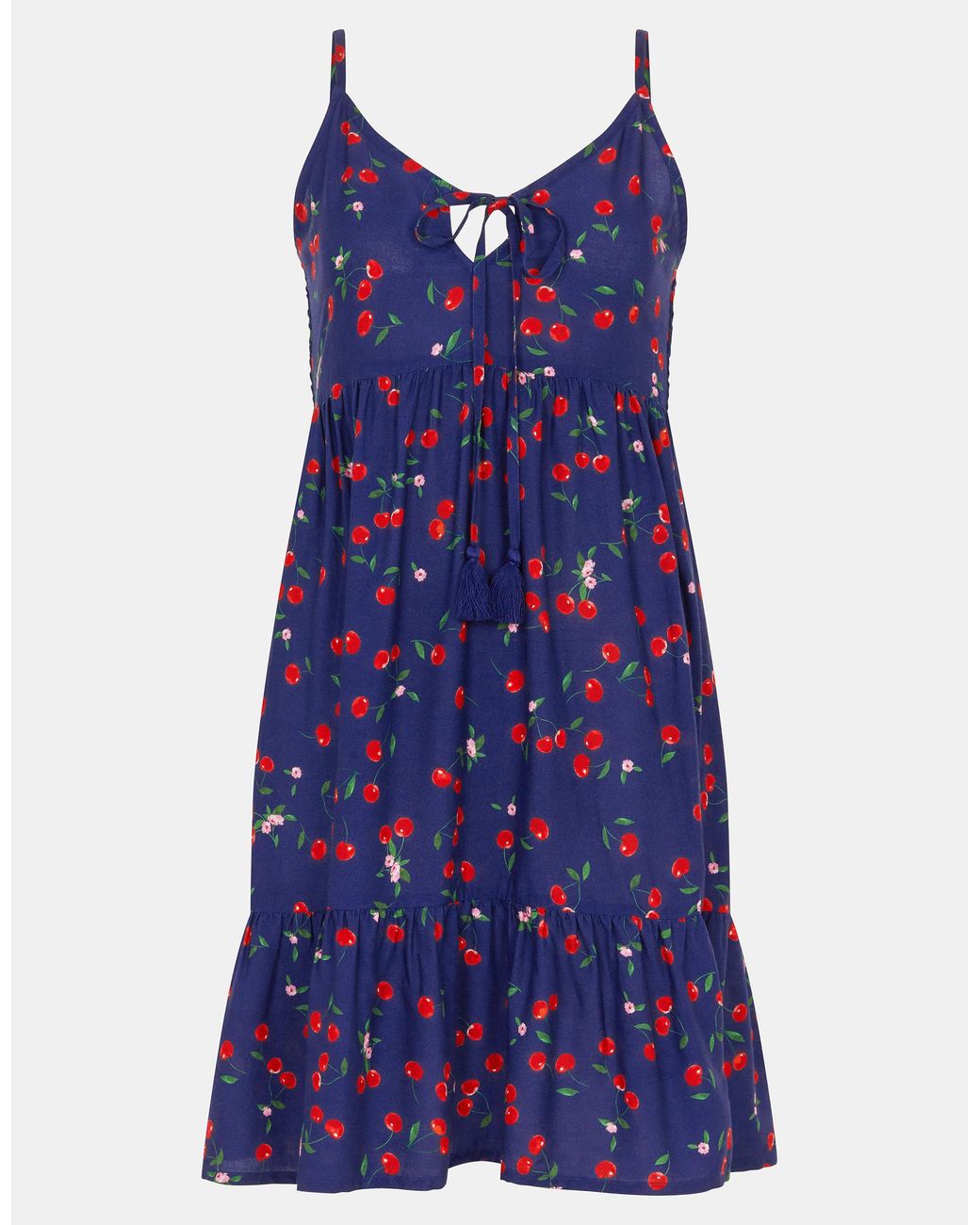 Accessorize Blue Cherry Print Tassel Tie Mini Dress