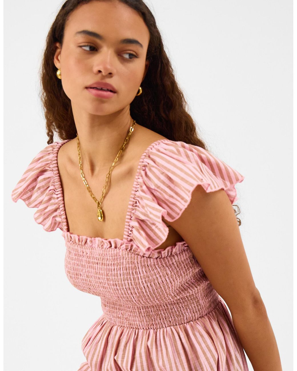 Accessorize Pink Cotton Embroidered Stripe Midi Dress