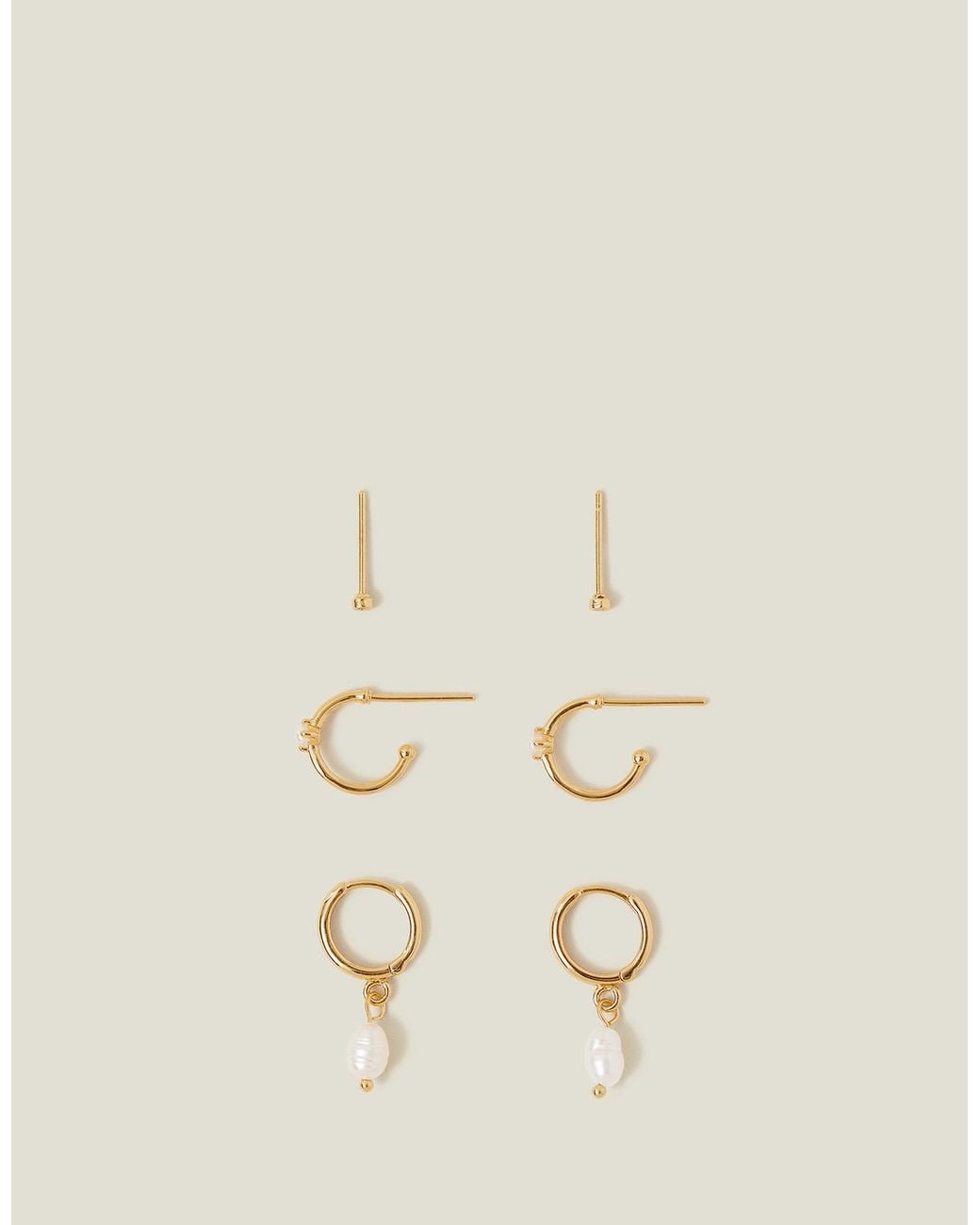 Accessorize Brown 3-Pack 14Ct-Plated Pearl Stud & Hoop Earrings