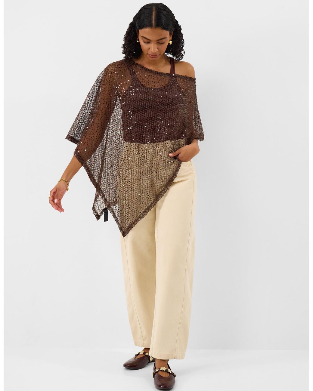 Accessorize Brown Sheer Sequin Poncho