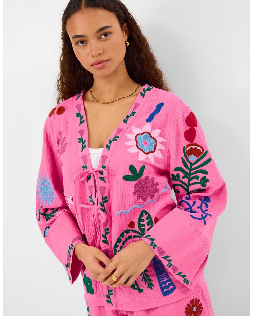 Accessorize Pink Cotton Tropical Embroidered Tie Front Shirt