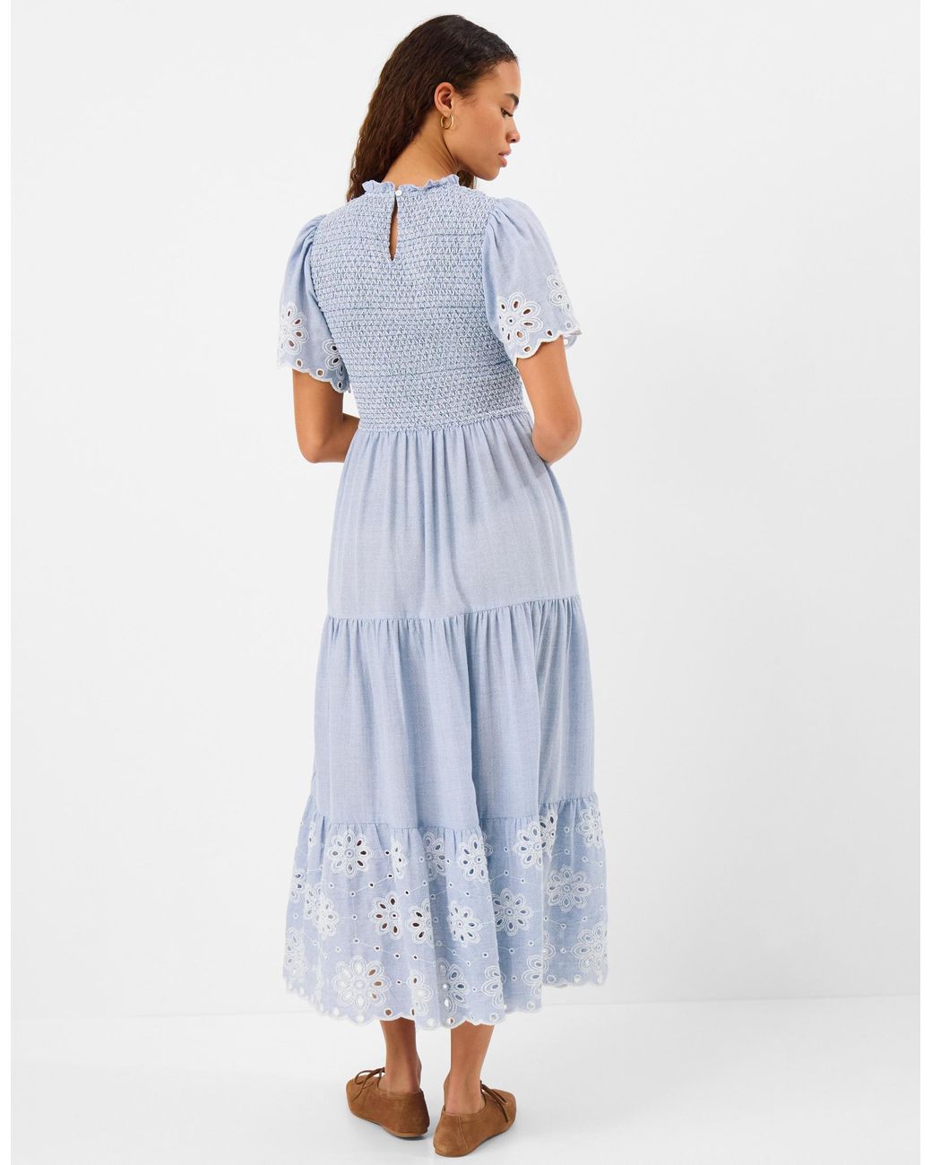 Accessorize Blue Cotton Floral Smocked Cutwork Midi Dress