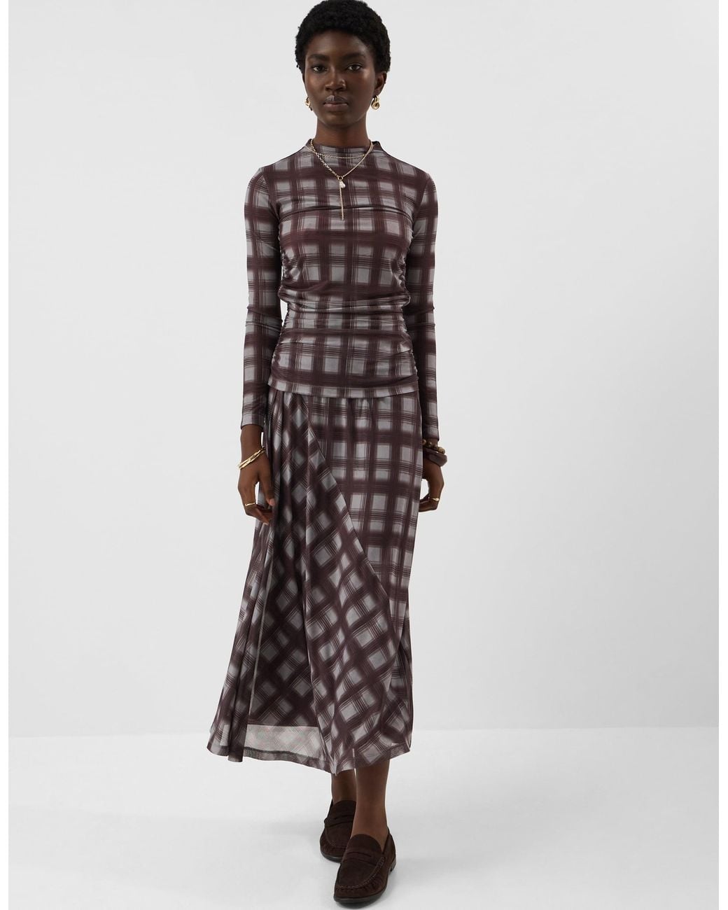 Accessorize Brown Check Print Mesh Midi Skirt