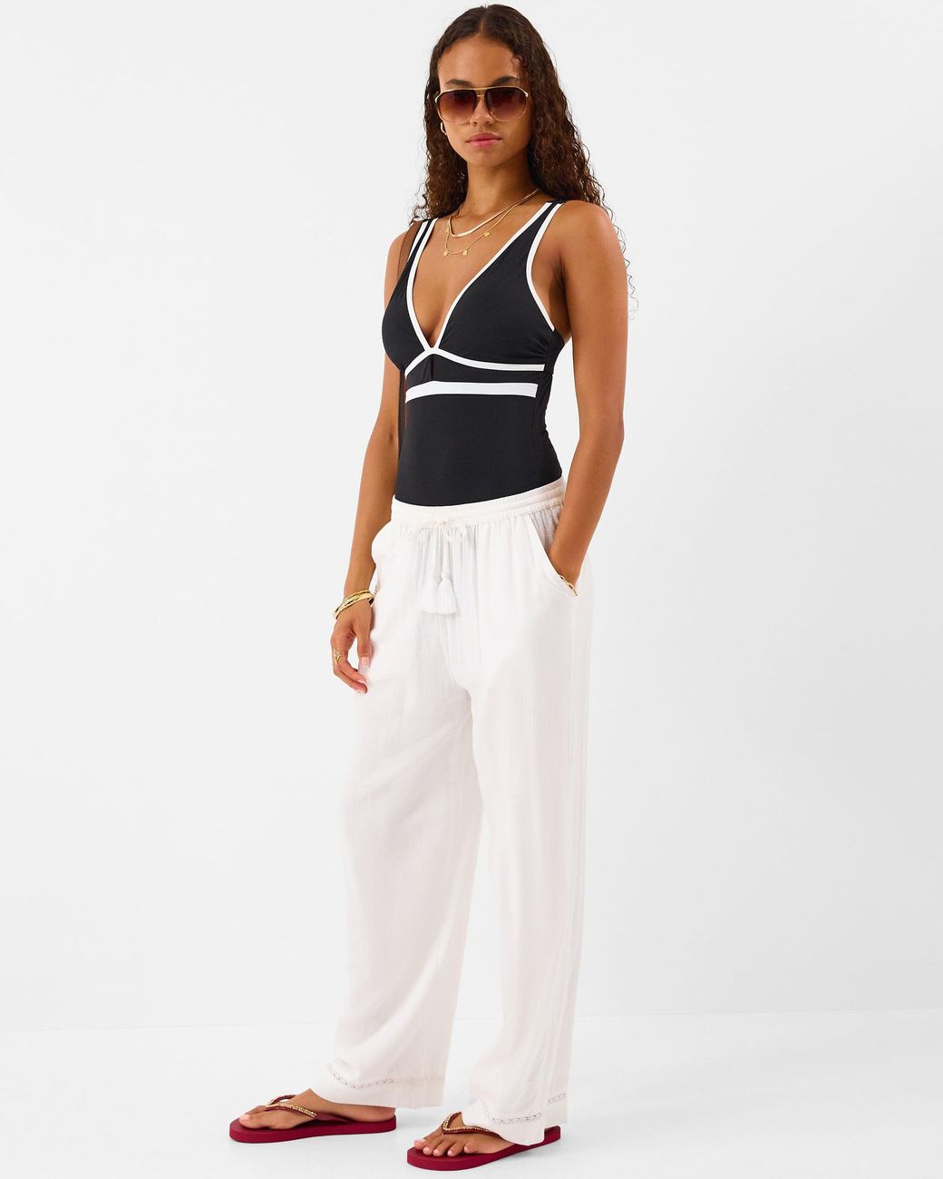 Accessorize Blue Contrast Plunge Upf50+ Shaping Swimsuit