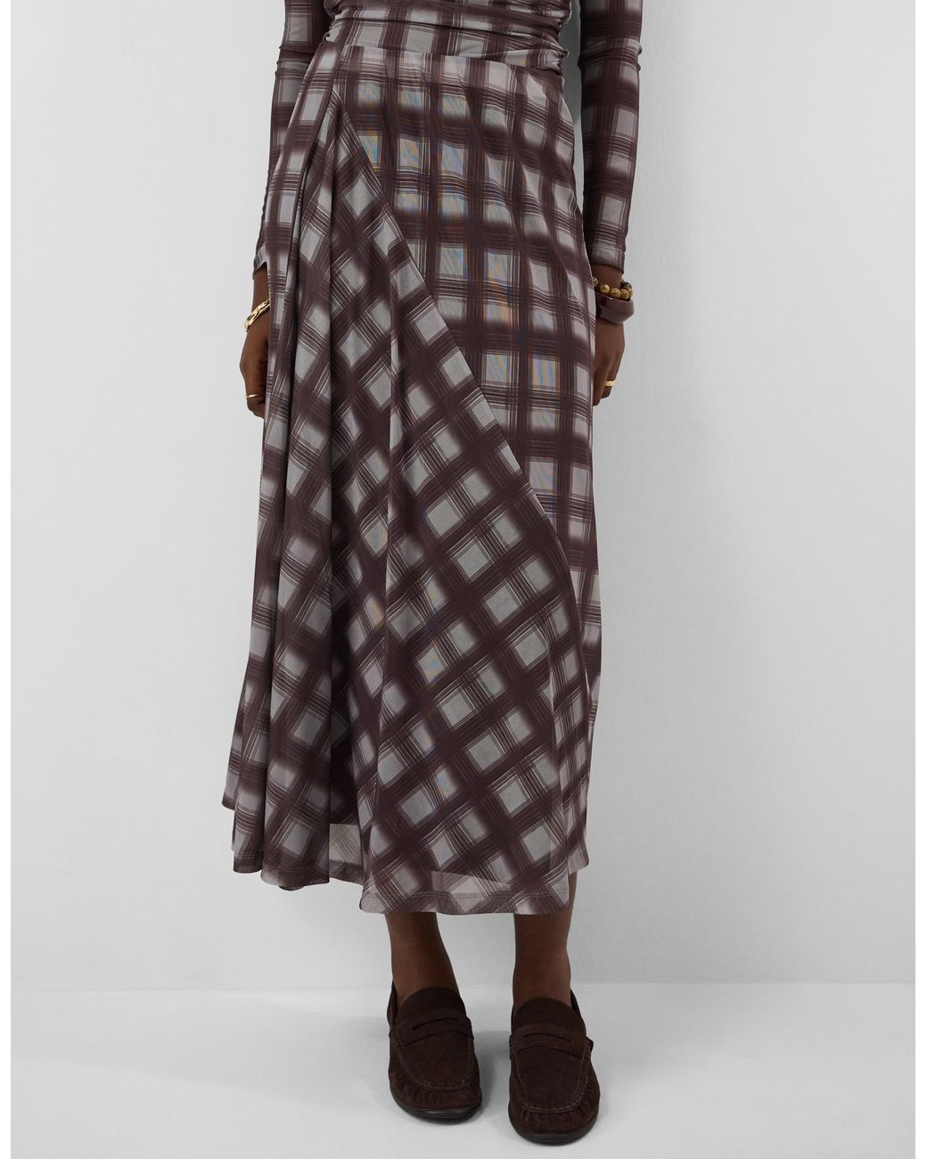 Accessorize Brown Check Print Mesh Midi Skirt