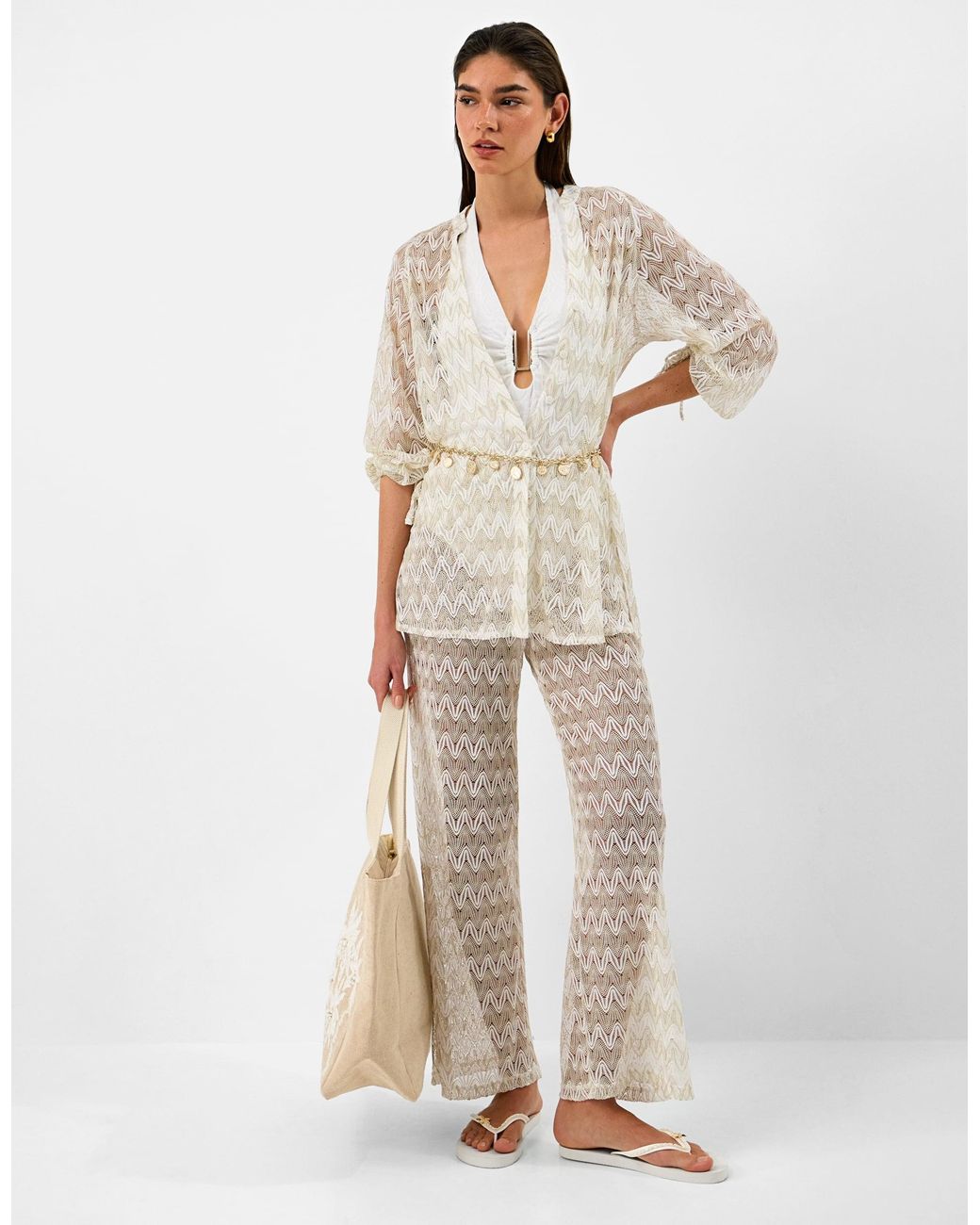 Accessorize White Tropical Jacquard Plunge Swimsuit