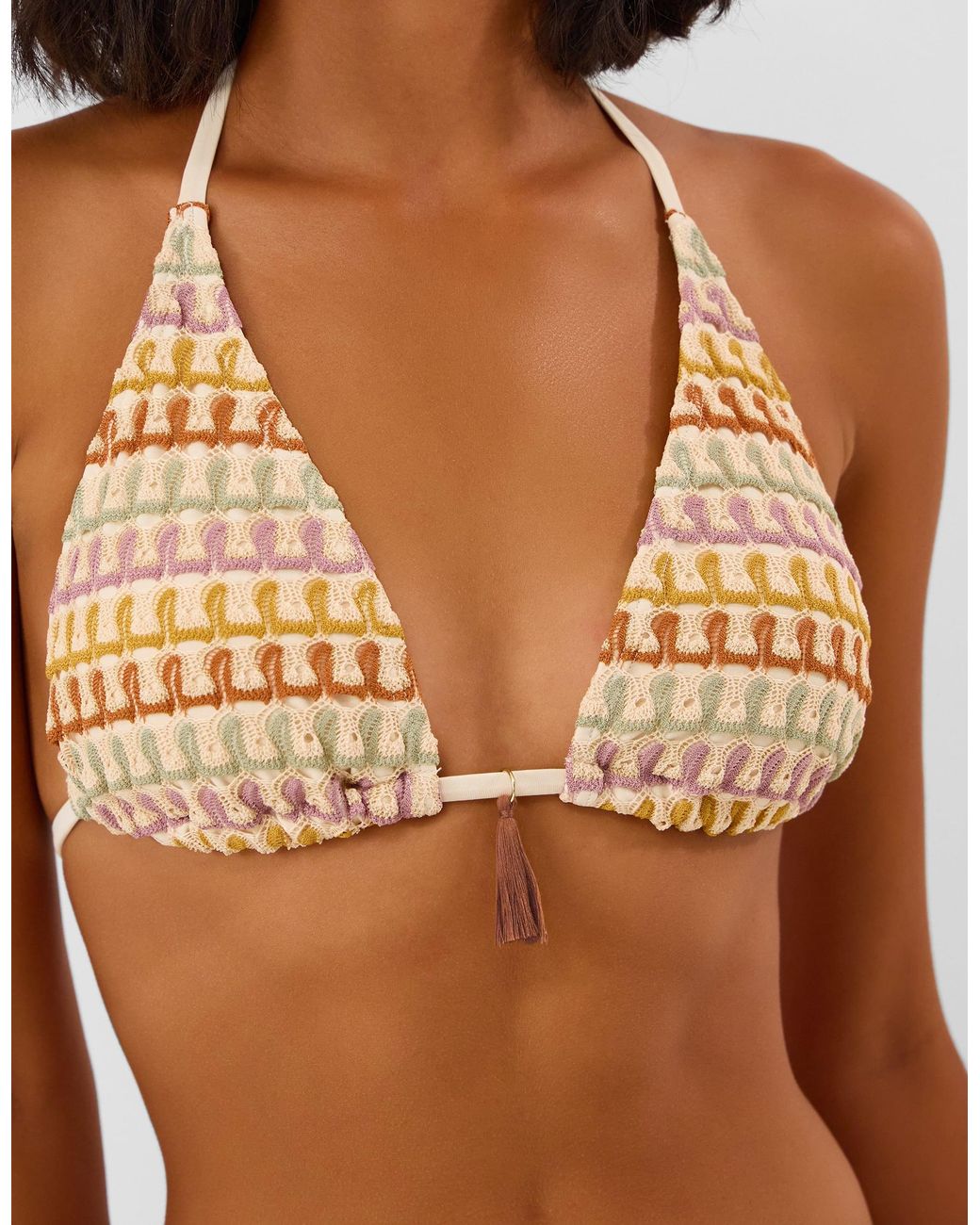 Accessorize Brown Crochet Tassel Triangle Bikini Top