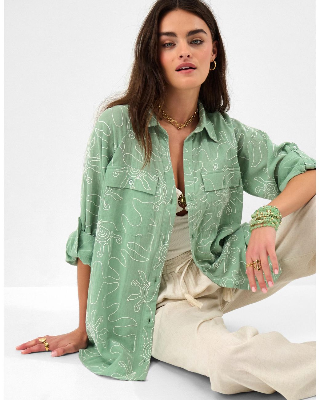 Accessorize Green Cotton Sun Embroidered Beach Cover Up Shirt
