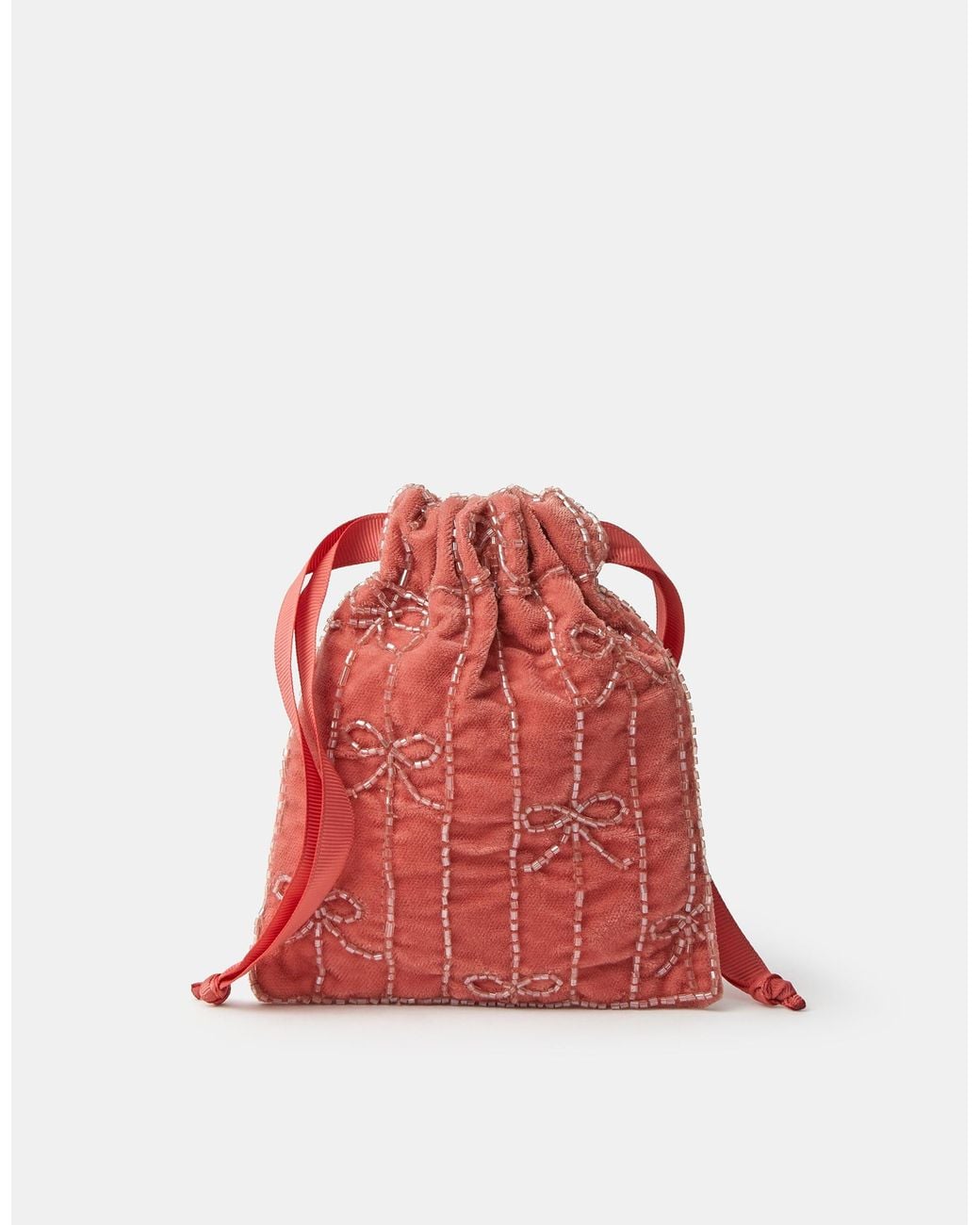 Accessorize Red Embellished Bow Velvet Drawstring Bag