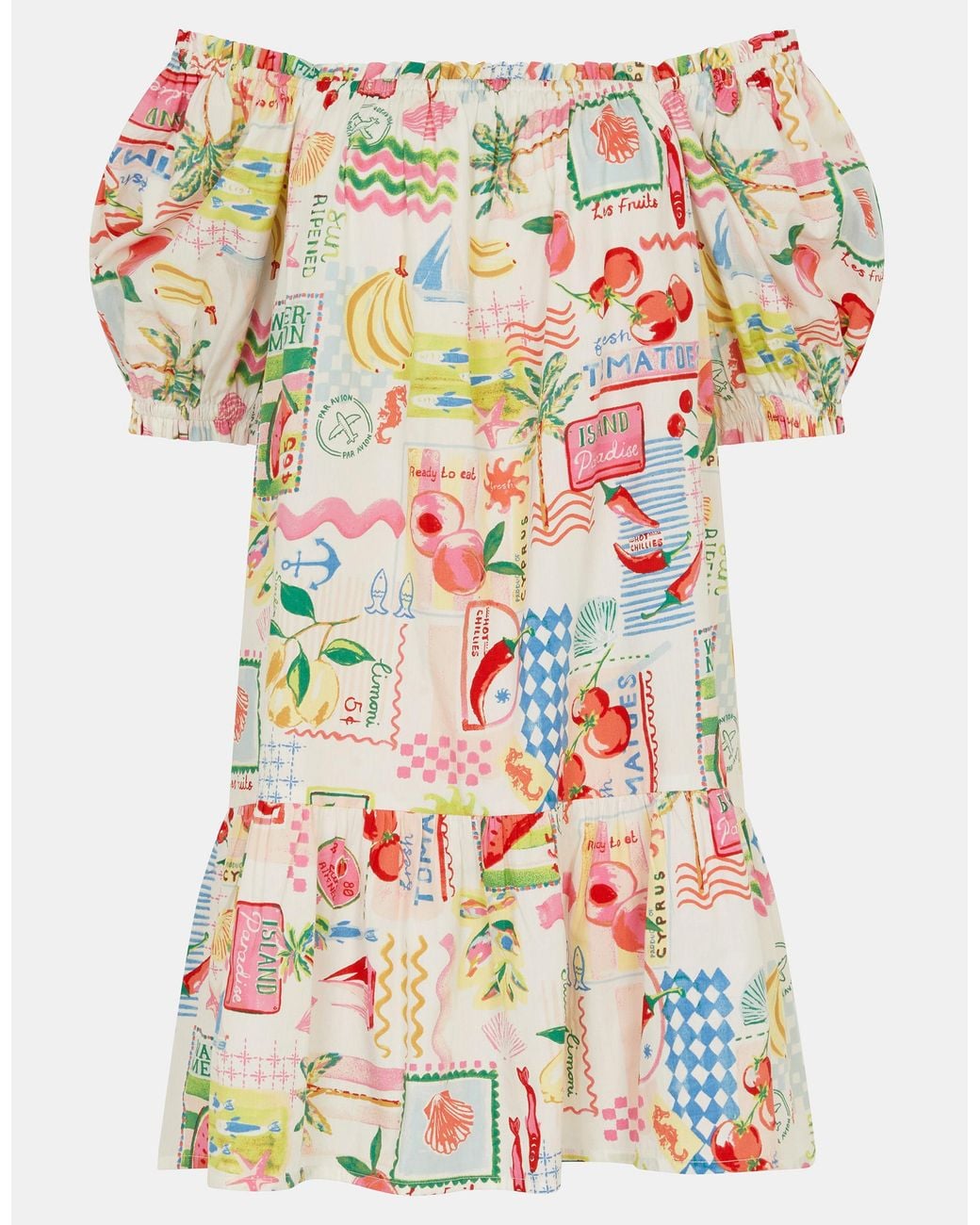 Accessorize Natural Postcard Print Puff Sleeve Mini Dress Multi