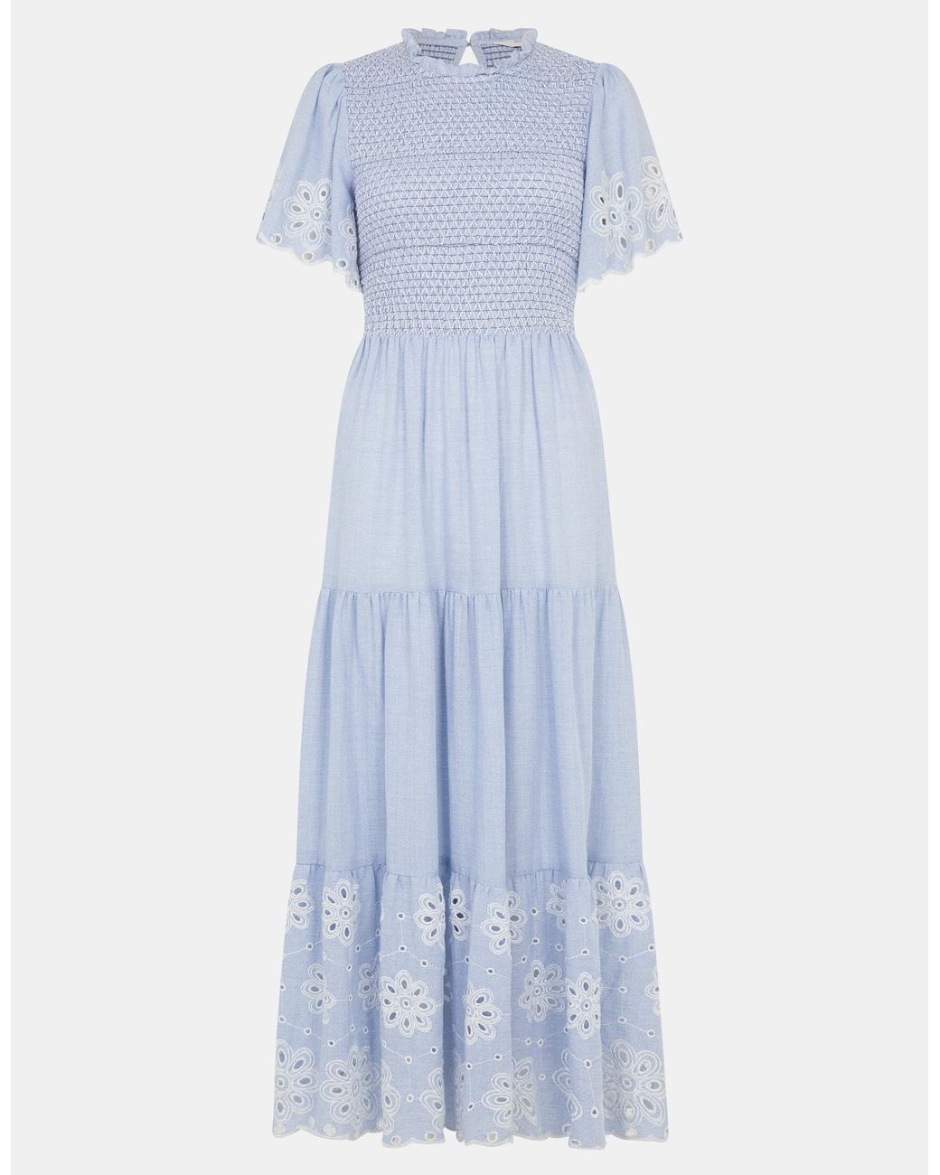 Accessorize Blue Cotton Floral Smocked Cutwork Midi Dress