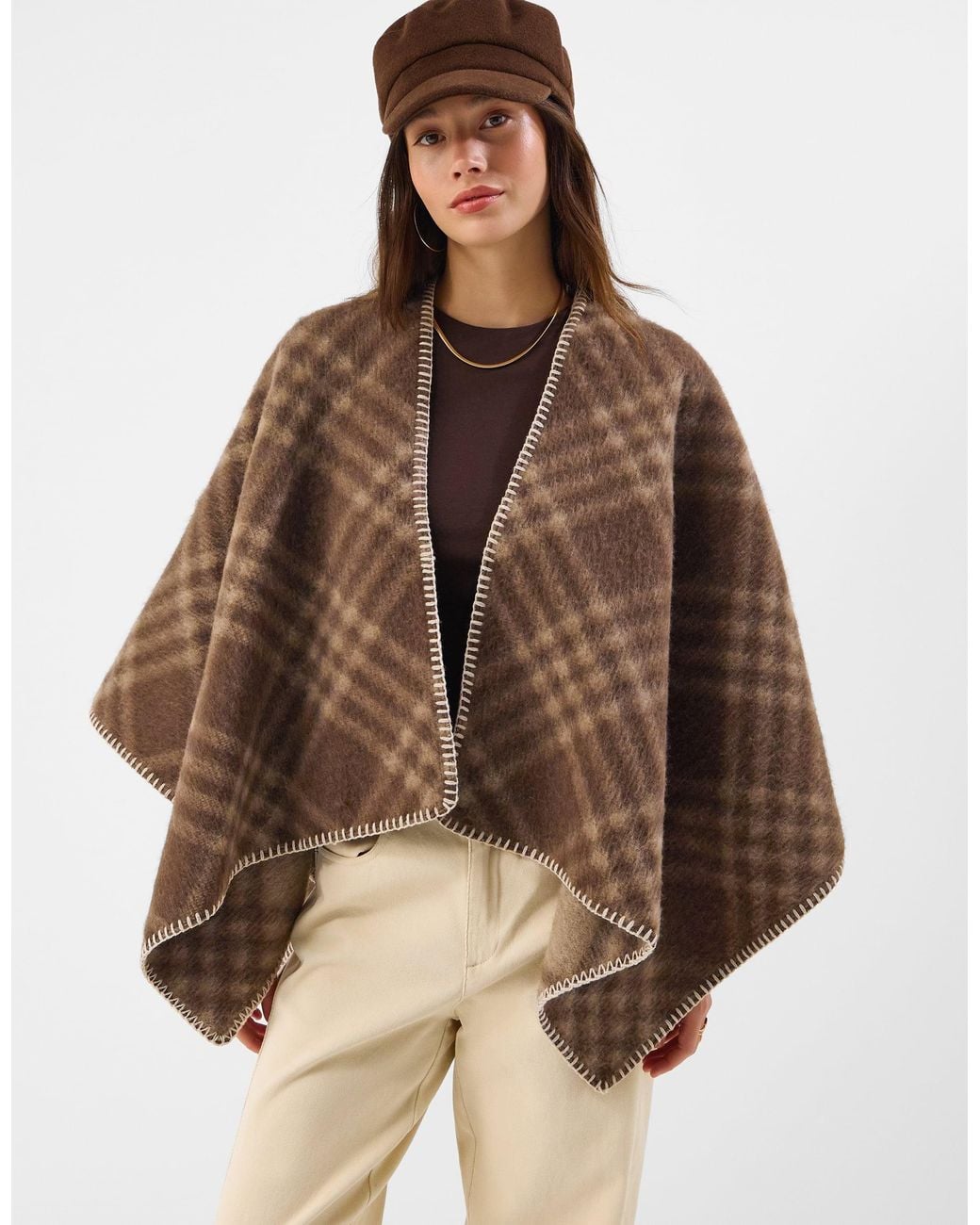 Accessorize Natural Check Print Knit Poncho
