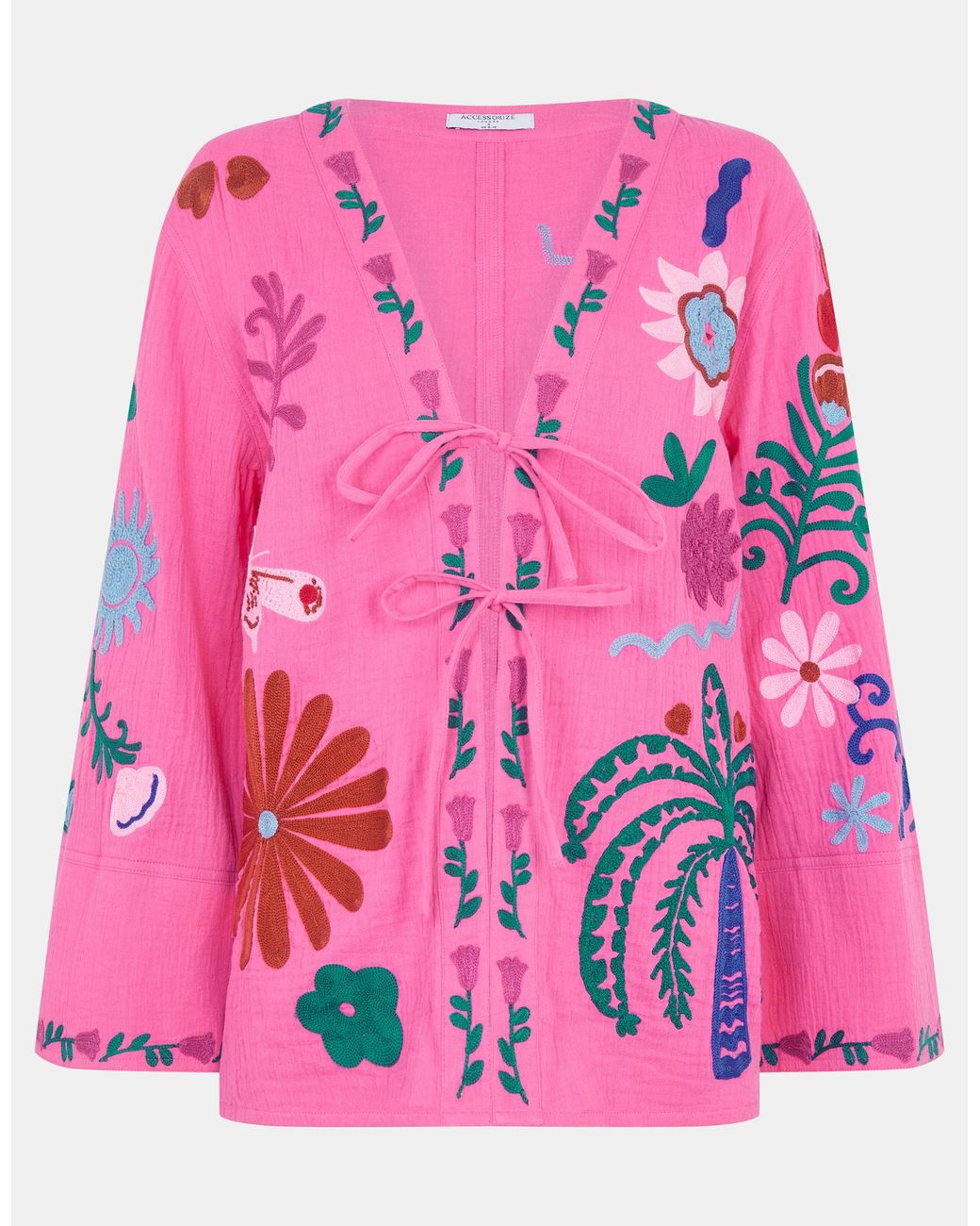 Accessorize Pink Cotton Tropical Embroidered Tie Front Shirt