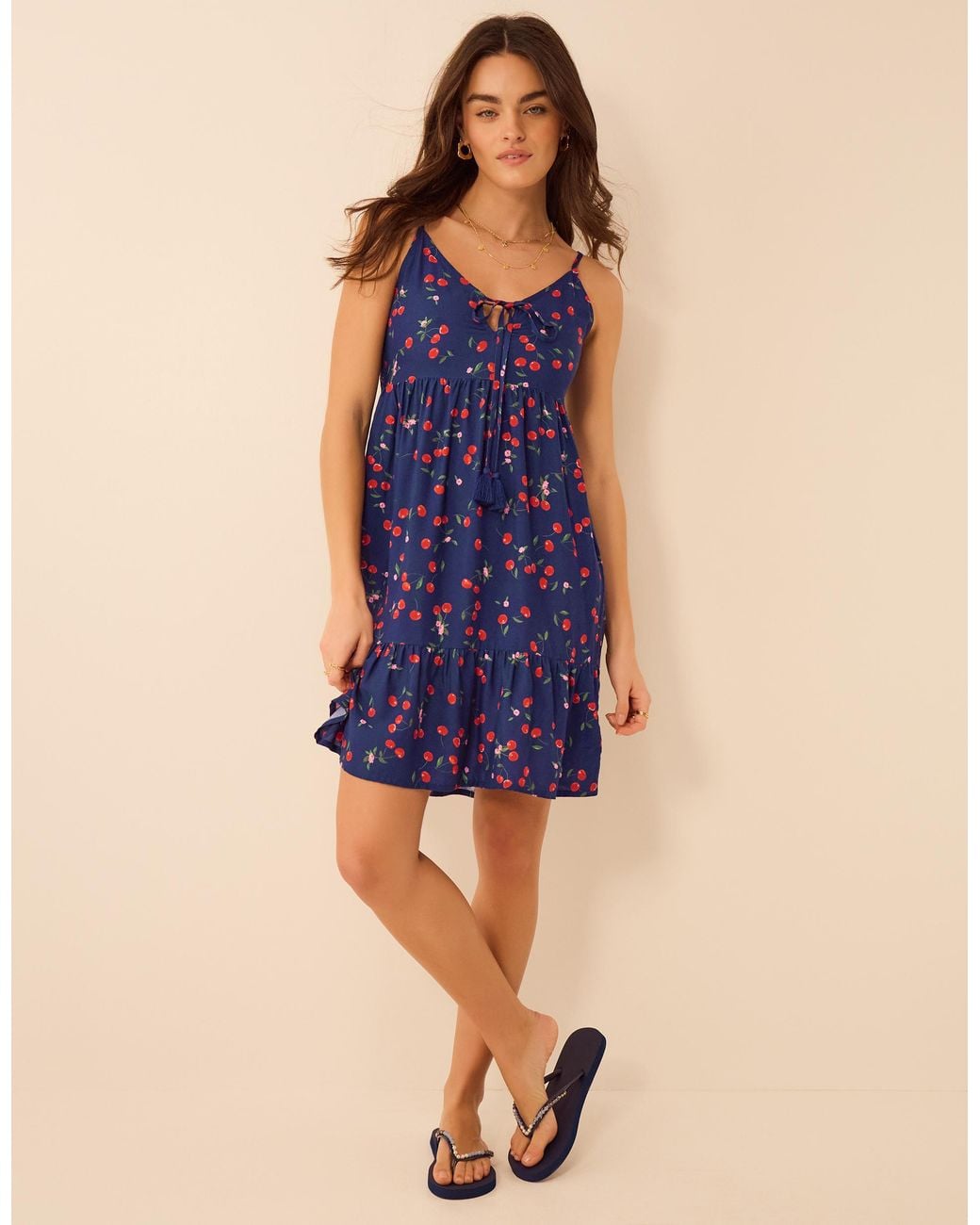 Accessorize Blue Cherry Print Tassel Tie Mini Dress
