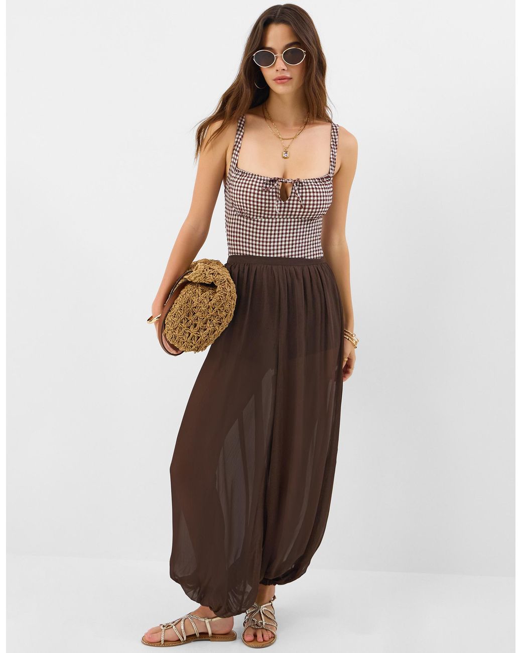 Accessorize Brown Gingham Print Seersucker Swimsuit