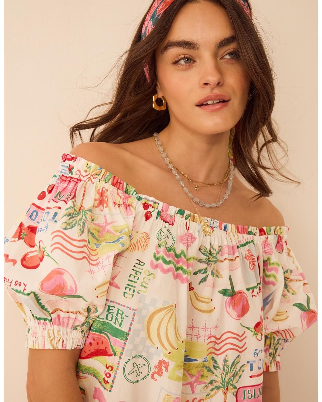 Accessorize Natural Postcard Print Puff Sleeve Mini Dress Multi